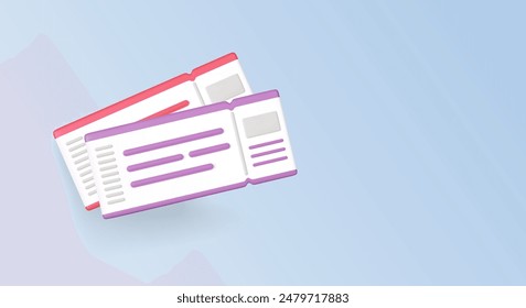 Billetes de avión abstractos en 3d. Documentos con texto simulado. Tarjeta de embarque, viaje, vacaciones, viaje, etiqueta de transporte de vuelo. Ilustración vectorial.