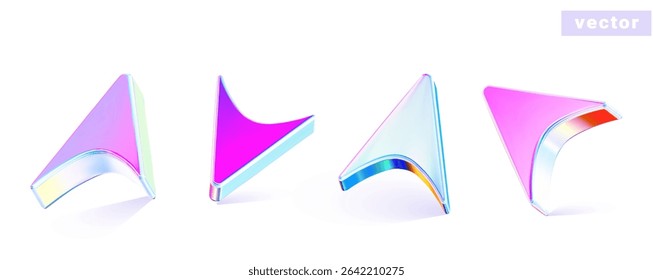 3d abstract arrow cursor icon with neon gradient. Set of chrome iridescent shapes. Vector illustration	