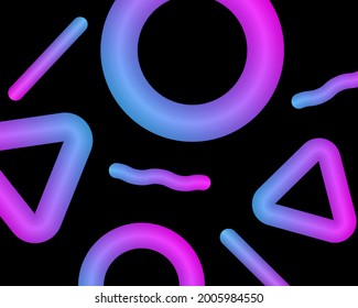 3D abstract background. Amazing neon geometric design with gradient on black backdrop. Colorful template with figures. For web, mobile, wallpaper, flyer, brochure, presentation