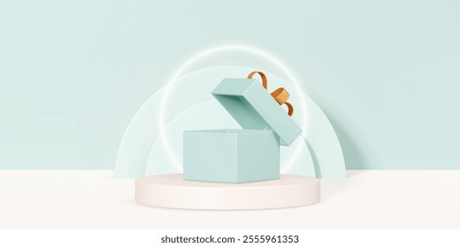 3D Abstract background with beige cylinder pedestal and open pastel gift box. Scene for product display presentation. Sales banner template with empty space. Neon light ring. 3D Vector illustration