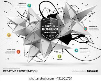 3D abstract background with black paint stain and geometric shapes. Vector design layout for business presentations, flyers orposters. Scientific future technology backdrop.
