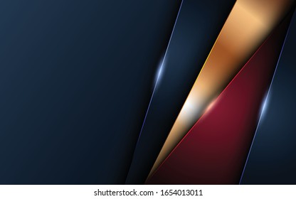 3D abstract background with black paper shape. Vector illustration of geometric shapes of shiny gold and red textured carbon slices. Graphic design elements. Elegant decoration