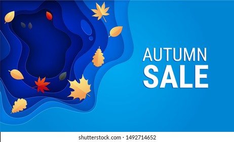 3D abstract background with blue paper cut waves and fallen leaves. Autumn sale banner with puddle illustration in layered style.