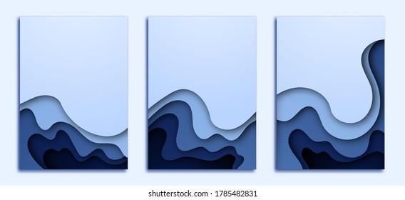 3d abstract background with blue paper cut waves minimalistic style , Banners vertical A4 size. Vector illustration layout design about presentations posters flyers.