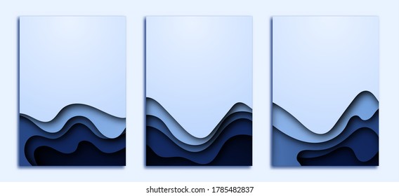 3d abstract background with blue paper cut waves minimalistic style , Banners vertical A4 size. Vector illustration layout design about presentations posters flyers.