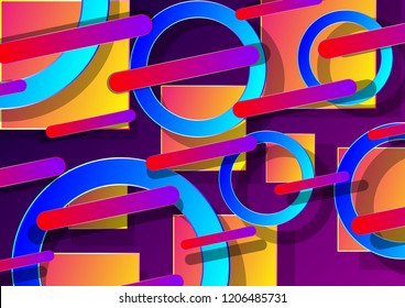 3d abstract background with colorful geometric shapes with gradient and shadow: rings, squares, and rounded rectangles. Vector Illustration