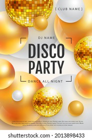 3D abstract background with colorful golden spheres and disco ball spheres. Disco ball background. Disco party poster. Vector illustration