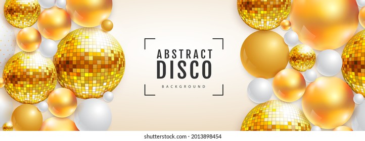 3D abstract background with colorful golden spheres and disco ball spheres. Disco ball background. Disco party poster. Vector illustration