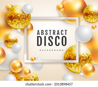 3D abstract background with colorful golden spheres and disco ball spheres. Disco ball background. Disco party poster. Vector illustration