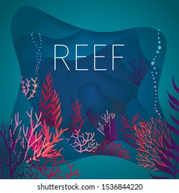 3D abstract background with coral shapes. Vector design layout. Colorful carving art - blue, pink and violet coral reefs on a blue background. Deep ocean picture. Word reef.