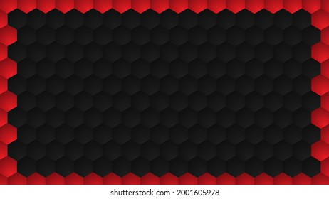 3D abstract background. Embossed Hexagon, honeycomb black and red Background size 16:9, light, and deep shadow with copy space, Vector.