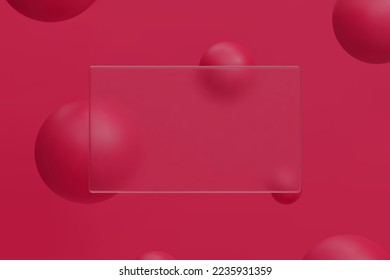 3d abstract background. Glassmorphism concept with geometric shapes - sphere, ball, bubble. Frosted glass effect. Trendy viva magenta color 2023 year. Vector illustration realistic glass morphism