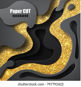 3D abstract background with gold and black shapes  paper cut shapes. 3D papercut layers vector background design. Abstract topography concept or smooth origami shape paper and flowing liquid texture. 