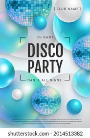 3D abstract background with holographic blue spheres and disco ball spheres. Disco ball background. Disco party poster. Vector illustration
