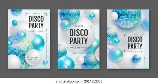 3D abstract background with holographic blue spheres and disco ball spheres. Disco ball background. Set of disco party posters. Vector illustration