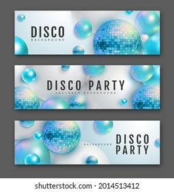 3D abstract background with holographic blue spheres and disco ball spheres. Disco ball background. Set of disco party banners. Vector illustration