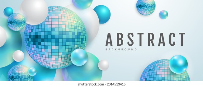 3D abstract background with holographic blue spheres and disco ball spheres. Disco ball background. Disco party poster. Vector illustration