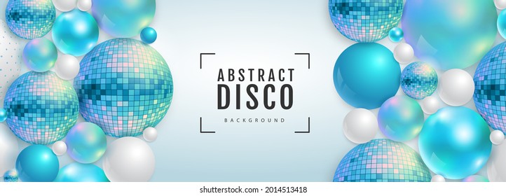 3D abstract background with holographic blue spheres and disco ball spheres. Disco ball background. Disco party poster. Vector illustration