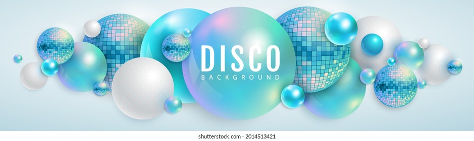 3D abstract background with holographic blue spheres and disco ball spheres. Disco ball background. Disco party poster. Vector illustration