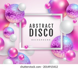 3D abstract background with holographic pink spheres and disco ball spheres. Disco ball background. Disco party poster. Vector illustration