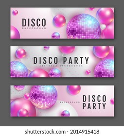 3D abstract background with holographic pink spheres and disco ball spheres. Disco ball background. Set of disco party banners. Vector illustration