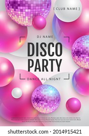 3D abstract background with holographic pink spheres and disco ball spheres. Disco ball background. Disco party poster. Vector illustration