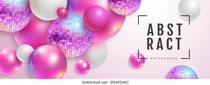 3D abstract background with holographic pink spheres and disco ball spheres. Disco ball background. Disco party poster. Vector illustration