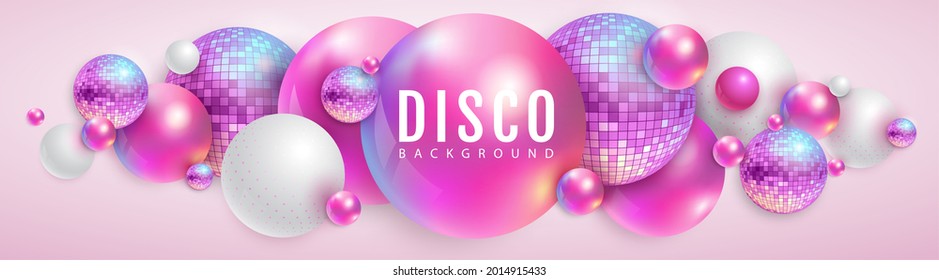 3D abstract background with holographic pink spheres and disco ball spheres. Disco ball background. Disco party poster. Vector illustration