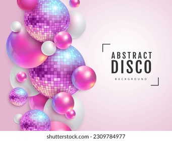 3D abstract background with holographic pink spheres and disco ball spheres. Disco ball background. Disco party poster. Vector illustration