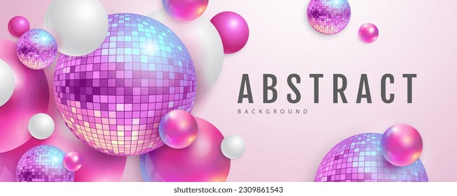 3D abstract background with holographic pink spheres and disco ball spheres. Disco ball background. Disco party poster. Vector illustration