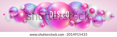 3D abstract background with holographic pink spheres and disco ball spheres. Disco ball background. Disco party poster. Vector illustration 商業照片 © 