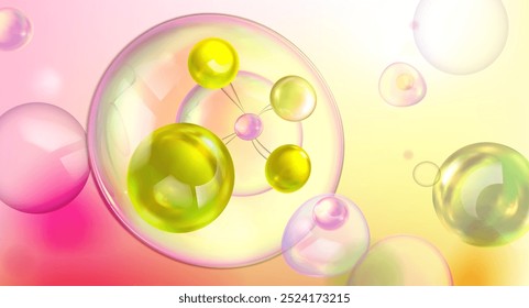 Fundo abstrato 3d feito de bolhas de soro de colágeno. Essência rosa cosmética. Colágeno gotas realistas claras