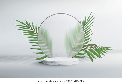 3d abstract background with marble pedestal. Round frosted glass frame with plumber's sheets. Minimalistic realistic image of an empty podium to showcase cosmetics products.