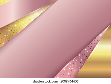 3D abstract background modern luxury style template pink gold and golden geometric stripes with glow light on dots pattern. Vector illustration