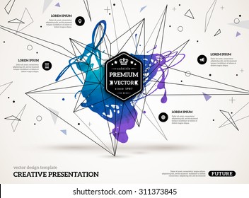 3D abstract background with paint stain and geometric shapes. Vector design layout for business presentations, flyers or posters. Scientific future technology backdrop.