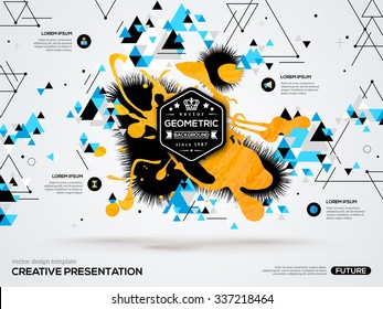 3D abstract background with paint stain and geometric triangle shapes. Vector design layout for business presentations, flyers or posters. Scientific future technology backdrop.