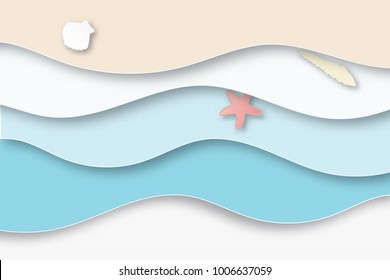 3D abstract background with paper cut shapes. Sea waves and beach with sea shells. Paper carving art. Modern origami design template