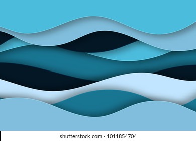 3D abstract background with paper cut shapes. Sea waves. Paper carving art. Modern origami design template