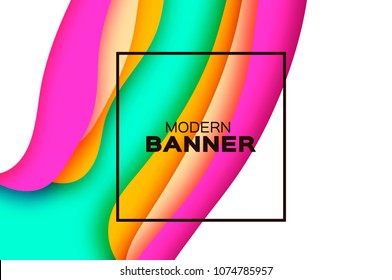 3D abstract background with paper cut shapes. .Layered tunnel landscape wave background. Modern banner. Shadows box. Vector design for business presentations, flyers, posters. Neon bright color.
