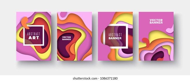3D abstract background with paper cut shapes Set Vector design layout for business presentations, flyers, posters and invitations Colorful carving art - pink, burgundy, orange, red Vertical banners A4