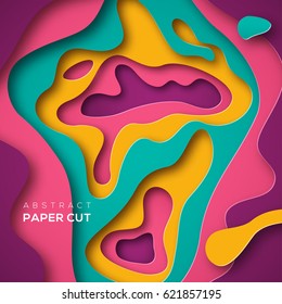 3D abstract background with paper cut shapes. Vector design layout for business presentations, flyers, posters and invitations. Colorful carving art - blue, yellow and violet