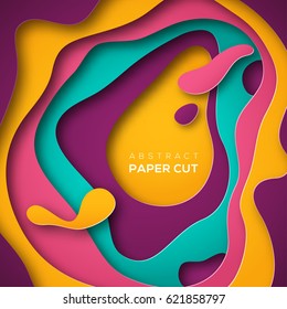 3D abstract background with paper cut shapes, flat layers. Vector design layout for business presentations, flyers, posters and invitations. Colorful carving art - blue, yellow and violet