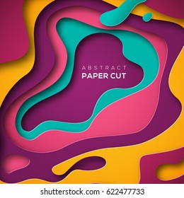 3D abstract background with paper cut shapes. Vector design layout for business presentations, flyers, posters and invitations. Colorful carving art - blue, yellow and violet