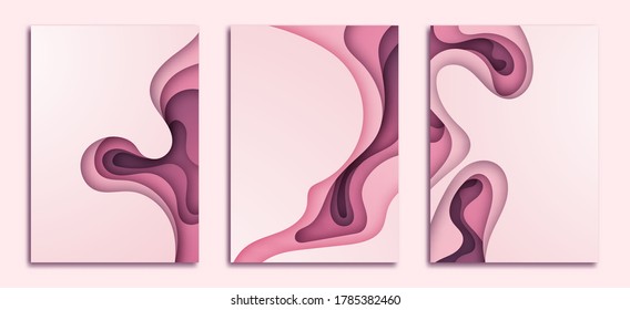 3d fondo abstracto con rocas de papel rosado estilo minimalista de ondas de corte , Banners verticales tamaño A4. Diseño de diseño de ilustraciones vectoriales sobre presentaciones afiches.