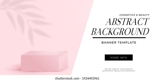 3d Fondo abstracto con sombra de hojas tropicales rosadas, podio rosado y fondo de pared transparente. Plantilla de ilustración vectorial realista para moda, cosméticos, accesorios publicitarios. Un estilo minimalista a la moda.