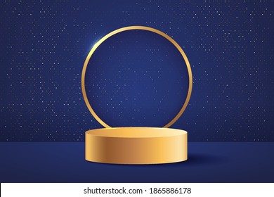 3D abstract background with realistic cylinder pedestal podium. Golden geometric forms with ring and glitter dark blue scene. Luxury minimal scene for cosmetic products, Showcase, Promotion display.