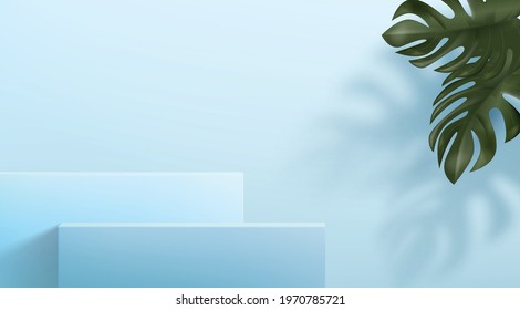 3d abstract background with a set of pedestals in blue tones. Square stands with fixer sheets. Minimalistic realistic image of an empty podium to showcase cosmetics products.