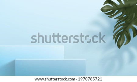 3d abstract background with a set of pedestals in blue tones. Square stands with fixer sheets. Minimalistic realistic image of an empty podium to showcase cosmetics products.