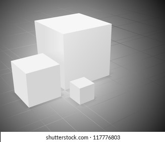 3d abstract background, three white cube on grey background with grid