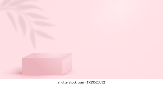 3d Abstract background with tropical leaves shadows decoration, pink podium or stage and pink background. Vector realistic illustration template for fashion, makeup, skincare, accessorizes ads